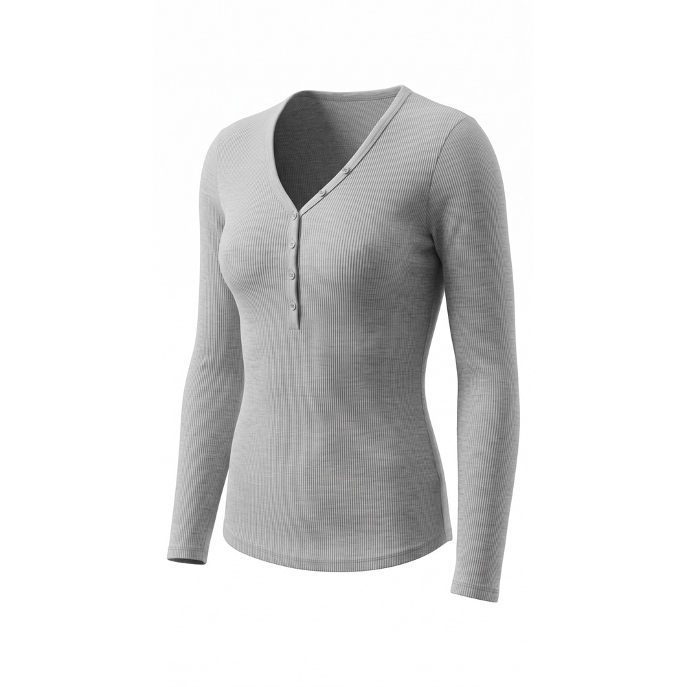 American Eagle Womensโ Gray Ribbed Henley Long Sleeve V-Neck Top Size M